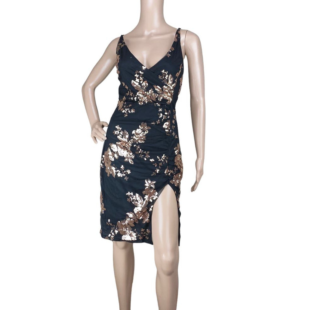 New Chic Me Women's Black Gold Mesh Floral Sequin V-Neck Bodycon Dress L